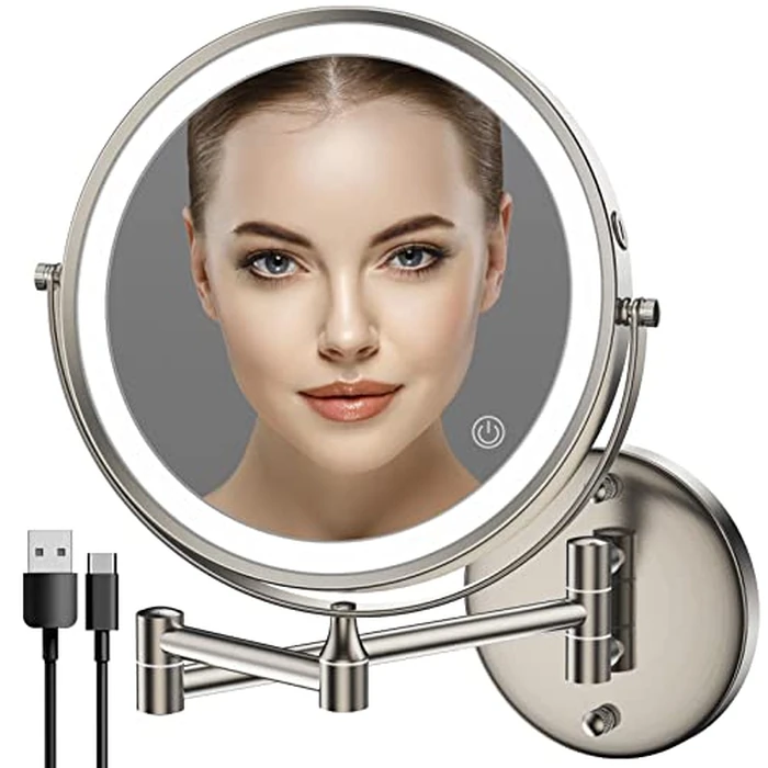 Rocollos 8" 10X Magnifying Makeup Mirror, Easy Install, 4000mAh Wall Mounted Cordless Lighted Vanity Mirror, Space Saving for Bathroom, 3 Color Dimmable LED Mirror, 360 degrees Swivel (Nickel by Rocollos - Image 1