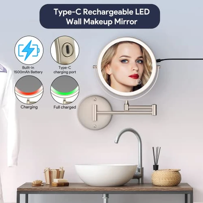 Rocollos 8" 10X Magnifying Makeup Mirror, Easy Install, 4000mAh Wall Mounted Cordless Lighted Vanity Mirror, Space Saving for Bathroom, 3 Color Dimmable LED Mirror, 360 degrees Swivel (Nickel by Rocollos - Image 2