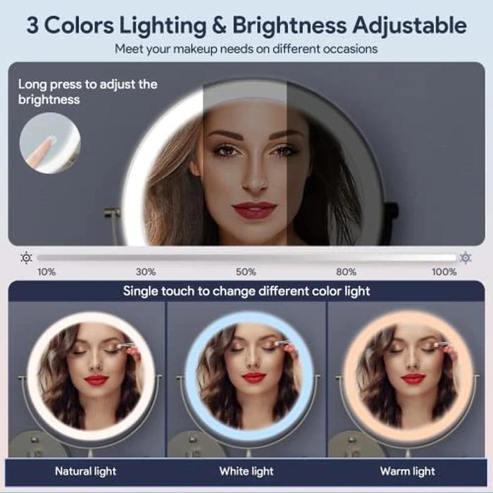 Rocollos 8" 10X Magnifying Makeup Mirror, Easy Install, 4000mAh Wall Mounted Cordless Lighted Vanity Mirror, Space Saving for Bathroom, 3 Color Dimmable LED Mirror, 360 degrees Swivel (Nickel by Rocollos - Image 3