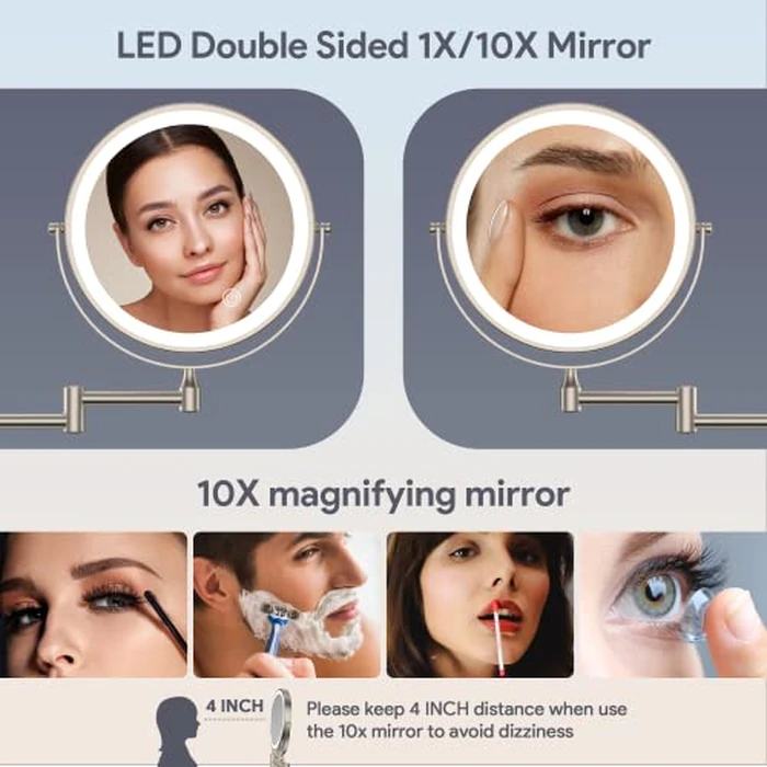 Rocollos 8" 10X Magnifying Makeup Mirror, Easy Install, 4000mAh Wall Mounted Cordless Lighted Vanity Mirror, Space Saving for Bathroom, 3 Color Dimmable LED Mirror, 360 degrees Swivel (Nickel by Rocollos - Image 4