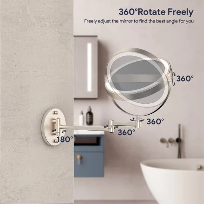 Rocollos 8" 10X Magnifying Makeup Mirror, Easy Install, 4000mAh Wall Mounted Cordless Lighted Vanity Mirror, Space Saving for Bathroom, 3 Color Dimmable LED Mirror, 360 degrees Swivel (Nickel by Rocollos - Image 6