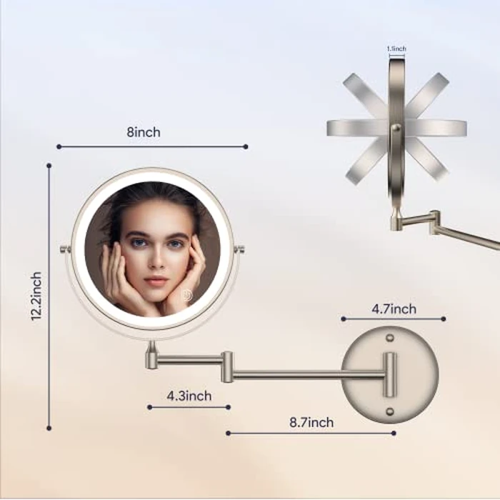 Rocollos 8" 10X Magnifying Makeup Mirror, Easy Install, 4000mAh Wall Mounted Cordless Lighted Vanity Mirror, Space Saving for Bathroom, 3 Color Dimmable LED Mirror, 360 degrees Swivel (Nickel by Rocollos - Image 7