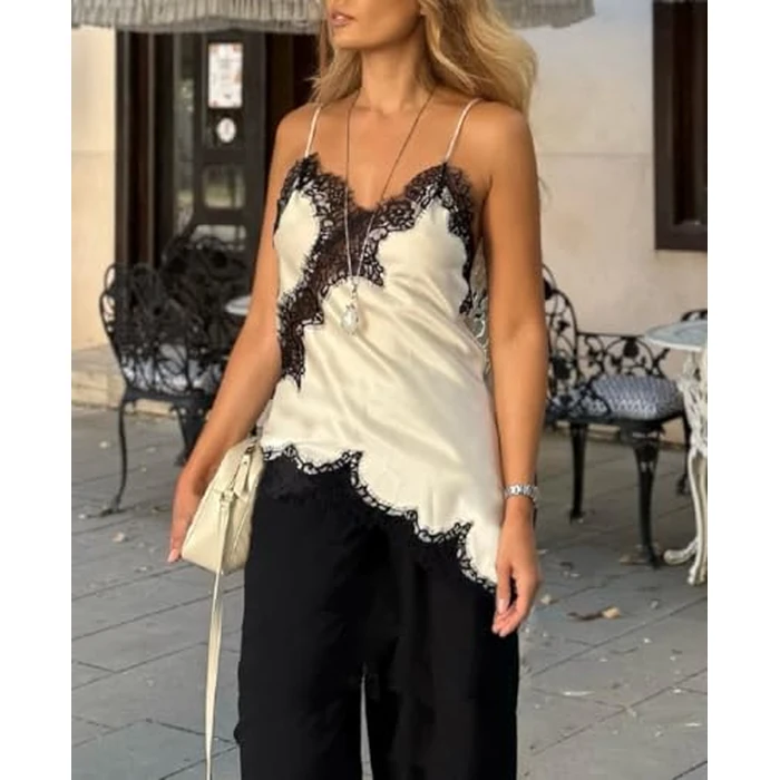 Women Lace Trim Satin Tank Top V Neck Silk Camisole Tops Asymmetrical Backless Spaghetti Strap Tank Cami Shirts(White Black,Medium) by Faymlc - Image 5