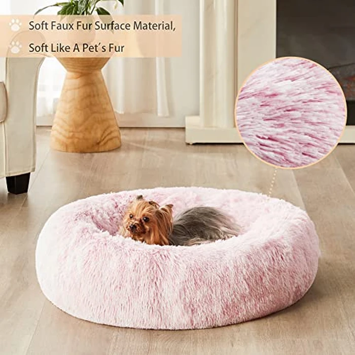 WNPETHOME Calming Dog Bed Cat Bed Donut, Faux Fur Pet Bed Self-Warming Donut Cuddler, Comfortable Round Plush Dog Beds (20 x 20 x 8 Inch, Light Pink) by WNPETHOME - Image 2