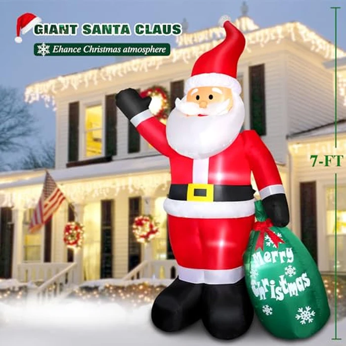 7 FT Christmas Inflatable Santa Claus with Green Gift Bag, Blow up Santa Claus Built-in LED Lights, Xmas Inflatable Indoor Outdoor Decoration for Yard Patio Garden Lawn Vacation Holiday Party Home by Thanger - Image 2