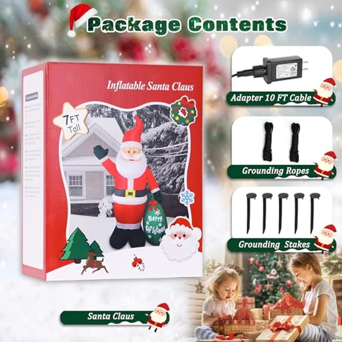 7 FT Christmas Inflatable Santa Claus with Green Gift Bag, Blow up Santa Claus Built-in LED Lights, Xmas Inflatable Indoor Outdoor Decoration for Yard Patio Garden Lawn Vacation Holiday Party Home by Thanger - Image 6