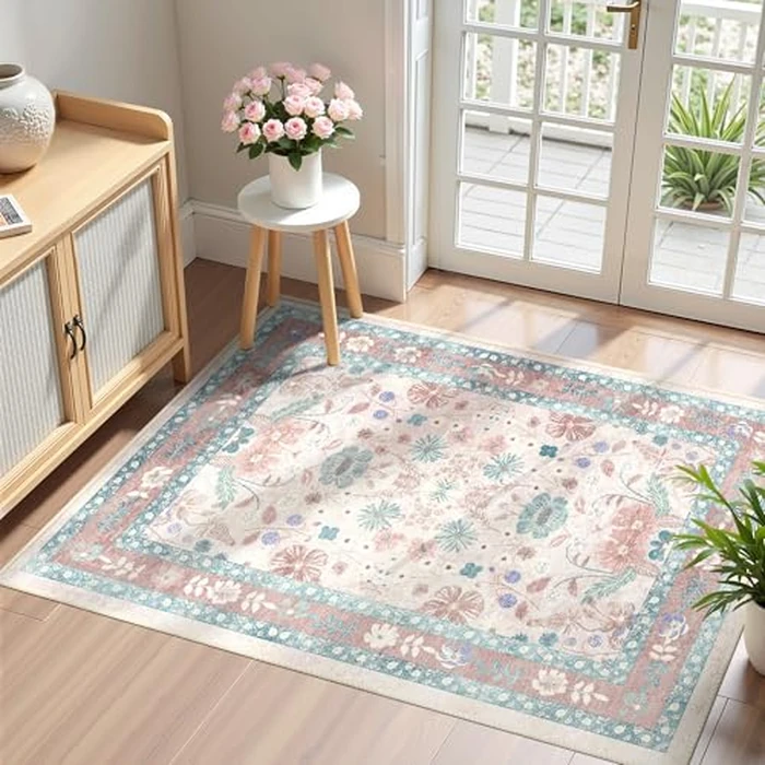 Pink Floral Rugs for Entryway - Deerly 2x3 Washable Throw Rug Small Vintage Boho Bathroom Door Mat Non-Slip Soft Low Pile Thin Indoor Carpet for Kitchen Entrance Farmhouse, Light Pink/Blue/Multi by Deerly - Used - Very Good condition - CA$19.97