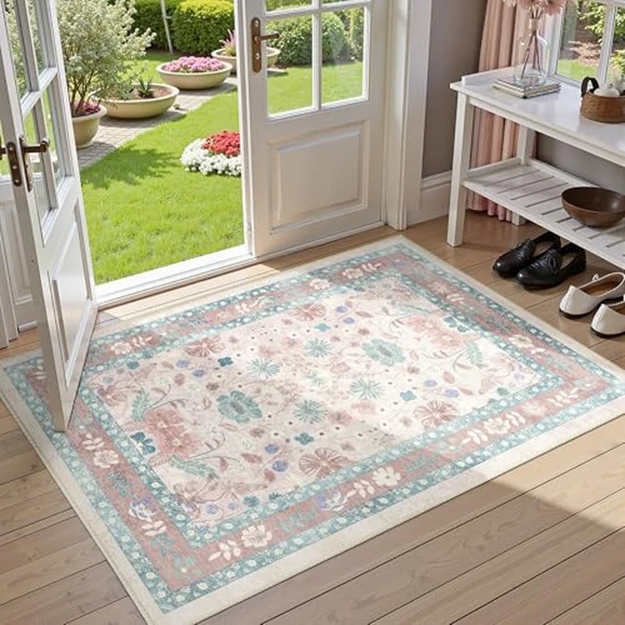 Pink Floral Rugs for Entryway - Deerly 2x3 Washable Throw Rug Small Vintage Boho Bathroom Door Mat Non-Slip Soft Low Pile Thin Indoor Carpet for Kitchen Entrance Farmhouse, Light Pink/Blue/Multi by Deerly - Image 2