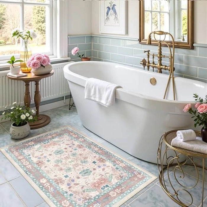 Pink Floral Rugs for Entryway - Deerly 2x3 Washable Throw Rug Small Vintage Boho Bathroom Door Mat Non-Slip Soft Low Pile Thin Indoor Carpet for Kitchen Entrance Farmhouse, Light Pink/Blue/Multi by Deerly - Image 3