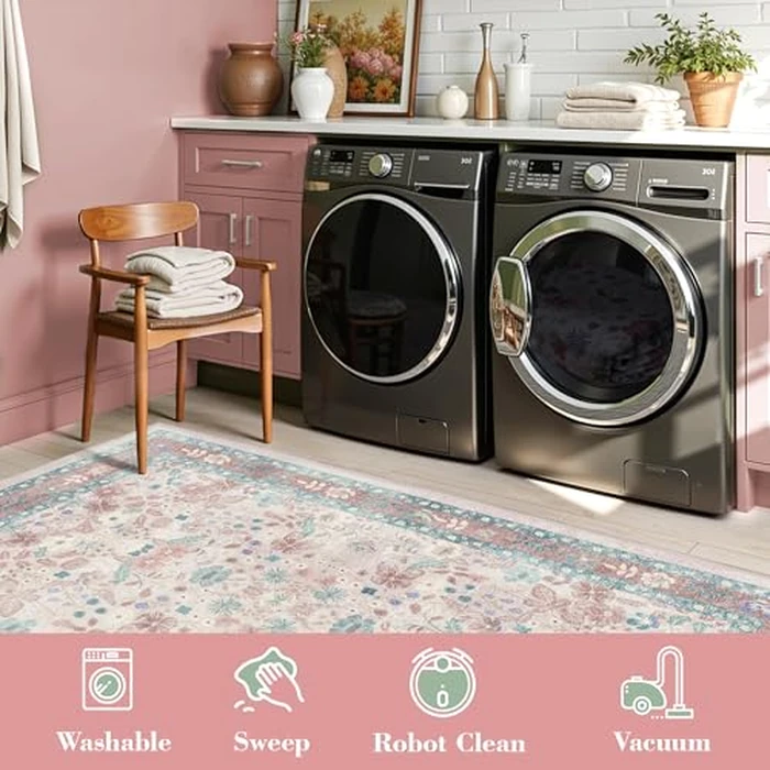 Pink Floral Rugs for Entryway - Deerly 2x3 Washable Throw Rug Small Vintage Boho Bathroom Door Mat Non-Slip Soft Low Pile Thin Indoor Carpet for Kitchen Entrance Farmhouse, Light Pink/Blue/Multi by Deerly - Image 5