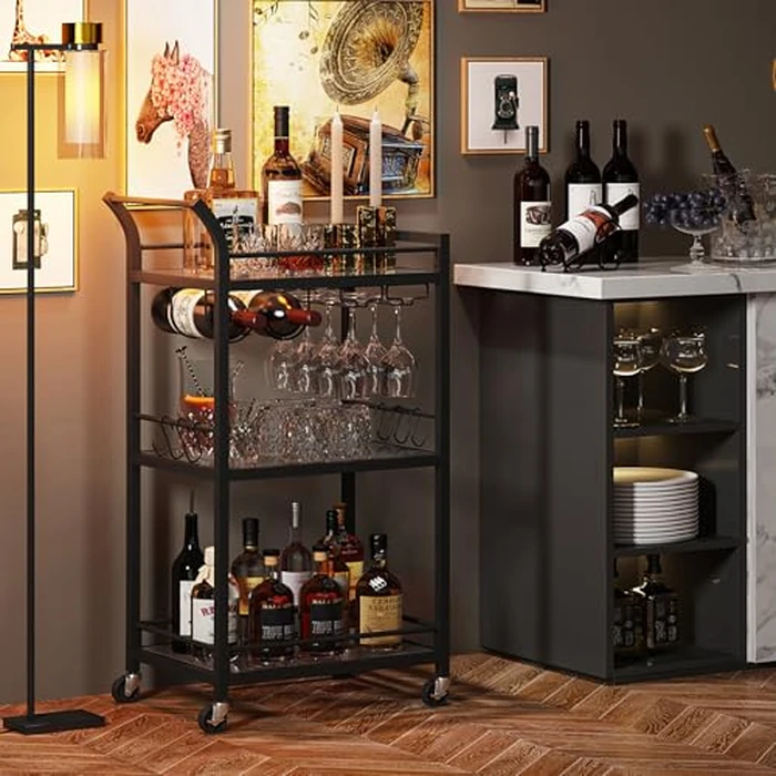 TUTOTAK Bar Cart, Home Bar Serving Cart with 3-Tier Mirrored Shelf, Wine Cart, Drink Cart, Mobile Kitchen Shelf, Black BC01BK034CA by TUTOTAK - Image 2