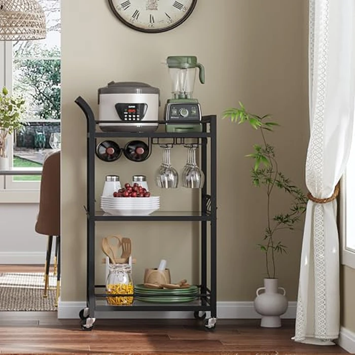 TUTOTAK Bar Cart, Home Bar Serving Cart with 3-Tier Mirrored Shelf, Wine Cart, Drink Cart, Mobile Kitchen Shelf, Black BC01BK034CA by TUTOTAK - Image 4