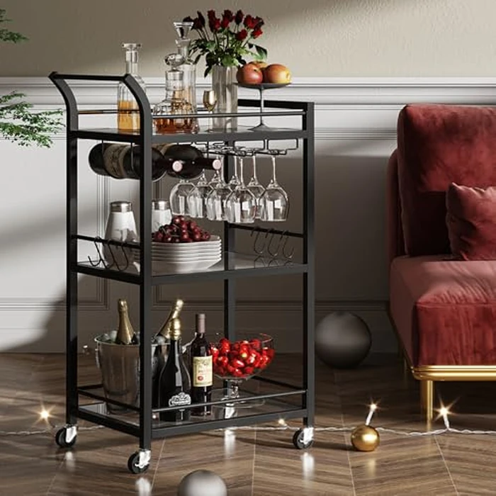 TUTOTAK Bar Cart, Home Bar Serving Cart with 3-Tier Mirrored Shelf, Wine Cart, Drink Cart, Mobile Kitchen Shelf, Black BC01BK034CA by TUTOTAK - Image 6