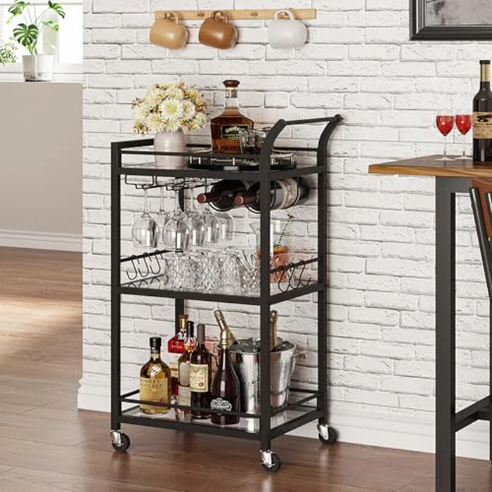 TUTOTAK Bar Cart, Home Bar Serving Cart with 3-Tier Mirrored Shelf, Wine Cart, Drink Cart, Mobile Kitchen Shelf, Black BC01BK034CA by TUTOTAK - Image 8