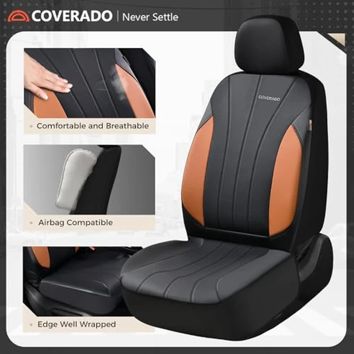 Coverado Car Seat Covers Full Set, Automotive Front and Rear Seat Covers, Leather Car Seat Covers Full Set 5 Seats, Airbag-Compatible, Brown Seat Covers for SUV Sedan Truck by Coverado - Image 3