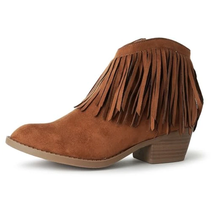 J. Adams Marrow Ankle Boot - Western Fringe Cowboy Low Heel Bootie - British Tan Vegan Suede - 10 by J. Adams - Used - Like New condition - US$32.07