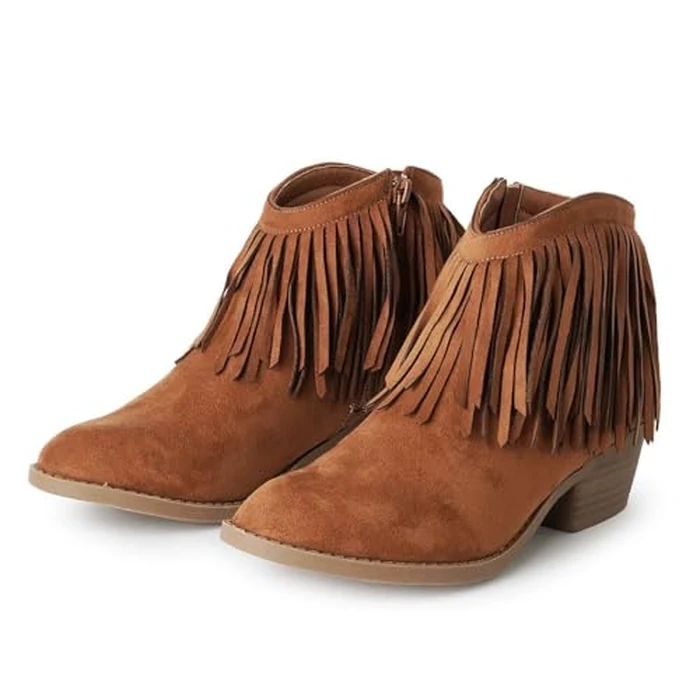 J. Adams Marrow Ankle Boot - Western Fringe Cowboy Low Heel Bootie - British Tan Vegan Suede - 10 by J. Adams - Image 4