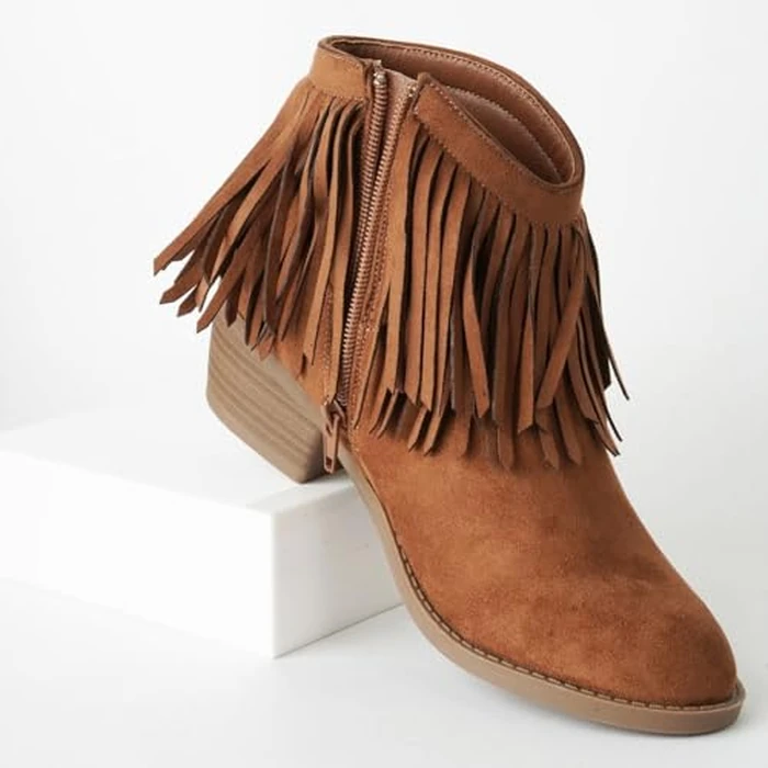 J. Adams Marrow Ankle Boot - Western Fringe Cowboy Low Heel Bootie - British Tan Vegan Suede - 10 by J. Adams - Image 5