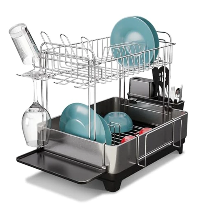 Home Zone Living Large Stainless Steel Dish Drying Rack for The Kitchen Counter with 2-Tiers Storage, Adjustable Drain Pipe, Removable Utensil Caddy and Drip Tray by Home Zone Living - Used - Like New condition - CA$86.96