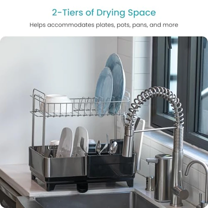 Home Zone Living Large Stainless Steel Dish Drying Rack for The Kitchen Counter with 2-Tiers Storage, Adjustable Drain Pipe, Removable Utensil Caddy and Drip Tray by Home Zone Living - Image 2