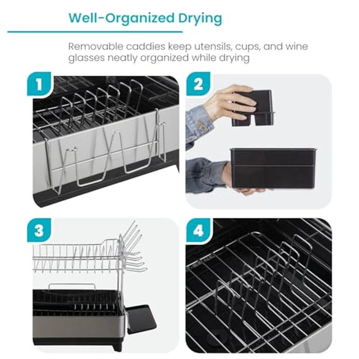 Home Zone Living Large Stainless Steel Dish Drying Rack for The Kitchen Counter with 2-Tiers Storage, Adjustable Drain Pipe, Removable Utensil Caddy and Drip Tray by Home Zone Living - Image 4