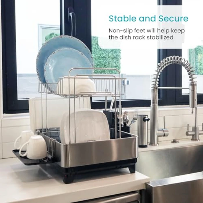 Home Zone Living Large Stainless Steel Dish Drying Rack for The Kitchen Counter with 2-Tiers Storage, Adjustable Drain Pipe, Removable Utensil Caddy and Drip Tray by Home Zone Living - Image 5