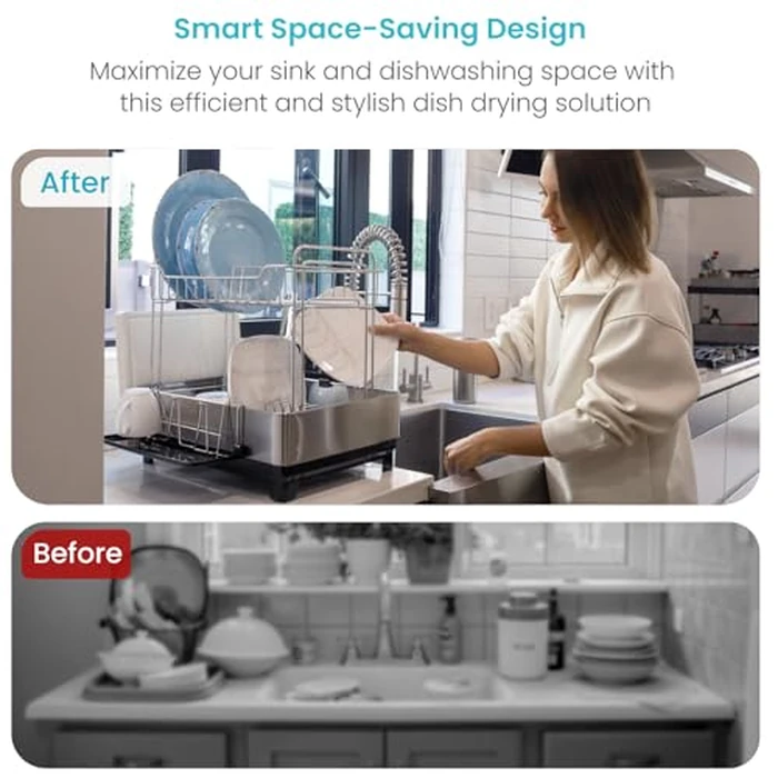 Home Zone Living Large Stainless Steel Dish Drying Rack for The Kitchen Counter with 2-Tiers Storage, Adjustable Drain Pipe, Removable Utensil Caddy and Drip Tray by Home Zone Living - Image 6