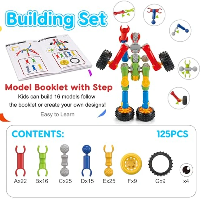 Kids STEM Building Toys for 3 4 5 6 7 8+ Year Old Boy Girl Birthday Gift, 125 Pcs Preschool Classroom Educational Building Blocks Stem Kits Activities Ages 3-5 4-8 5-7 6-8 Engineering Creative Games by Qirptey - Image 4