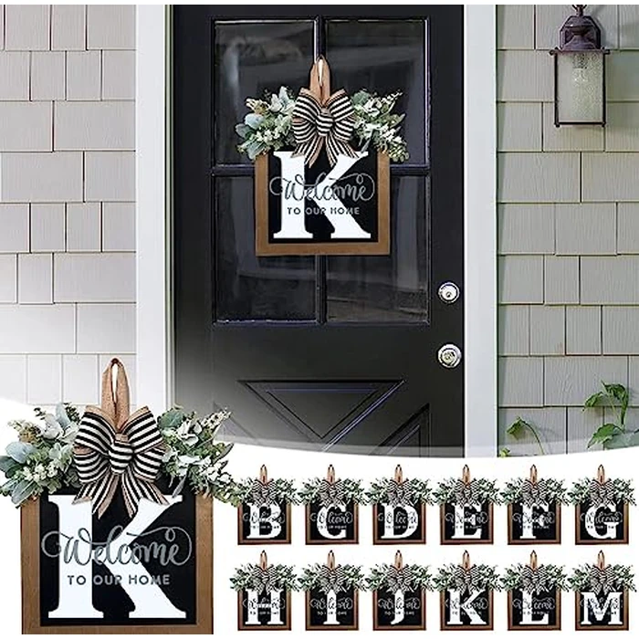 Last Name All Year Round Front Door Wreath with 26 Initial Letter Welcome Sign All Seasons Eucalyptus Garland and Bow ，Farmhouse, Porch, for Spring Summer Fall All Seasons Holiday Halloween Christmas.（K） by YICORIP - Image 3