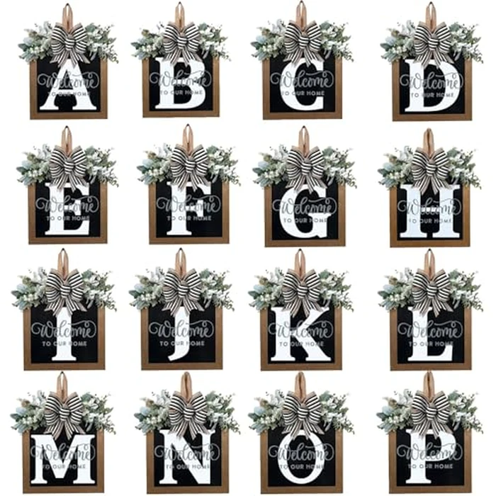 Last Name All Year Round Front Door Wreath with 26 Initial Letter Welcome Sign All Seasons Eucalyptus Garland and Bow ，Farmhouse, Porch, for Spring Summer Fall All Seasons Holiday Halloween Christmas.（K） by YICORIP - Image 4