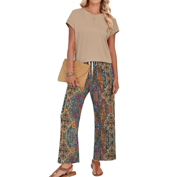 WIHOLL Summer Outfits for Women 2 Piece Sets Lounge Boho Chic Clothing Fashion Western Outfits Cowgirl Comfy Travel Sets Airplane Spring Clothes 2026 Beach Vacation Short Sleeve Shirts Brown S by WIHOLL - Image 4