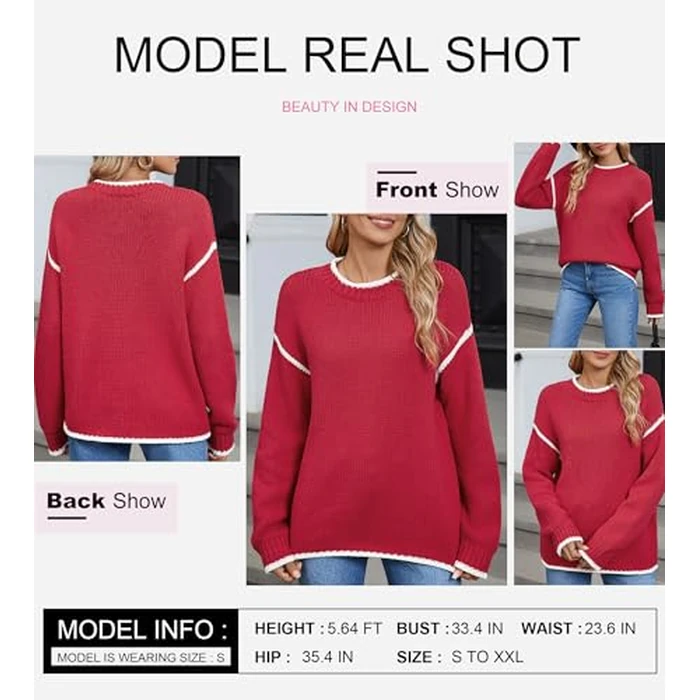 SHEWIN Womens Sweaters Casual Long Sleeve Tops Crew Neck Lightweight Crochet Pullover Sweater Top Contrast Fall Fashion for Women 2025 Trendy,US 4-6(S),Red by SHEWIN - Used - Like New condition - US$21.88