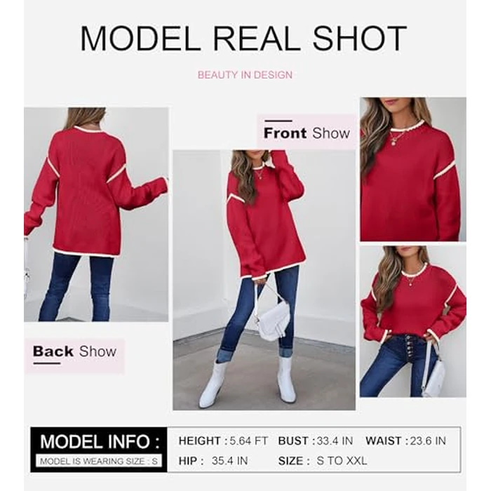 SHEWIN Womens Sweaters Casual Long Sleeve Tops Crew Neck Lightweight Crochet Pullover Sweater Top Contrast Fall Fashion for Women 2025 Trendy,US 4-6(S),Red by SHEWIN - Image 2