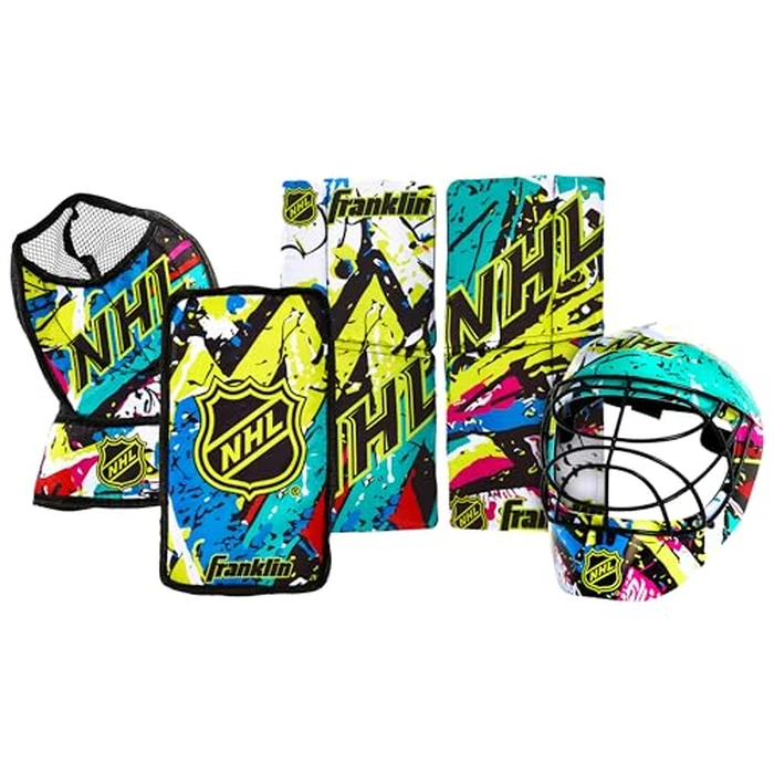Franklin Sports NHL Youth Knee Hockey Goalie Pads + Helmet Set - Kids Knee + Mini Hockey Goalie Gear + Equipment - (2) Leg Pads, Catch Glove, Blocker + Mask Included - Graffiti by Franklin Sports - Used - Like New condition