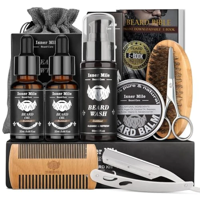 Isner Mile Beard Grooming Kit for Men Care: with Beard Wash - Oil - Balm - Brush - Comb & Straight Razor, Mens Birthday Christmas Stocking Stuffers Valentines Day Gifts for Him Boyfriend Dad Husband by Comfy Mate - Used - Like New condition - US$18.97