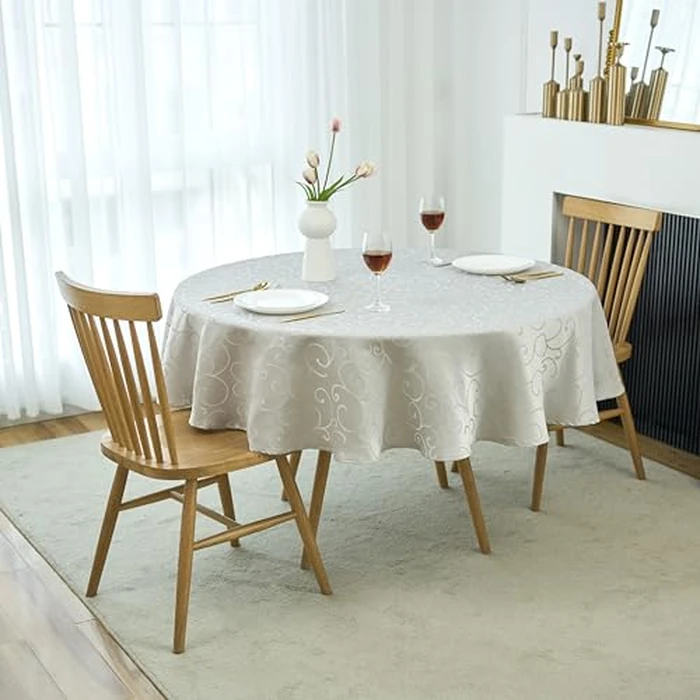 Marina Decoration Home Decor Jacquard Waterproof Thick Elegant Soft Premium Solid Damask Scroll Decorative Kitchen Table Cloth Liquid Repellent Stain Resistant Tablecloth, Silver Color Round 90 Inch by Marina Decoration - Used - Very Good condition - CA$19.07