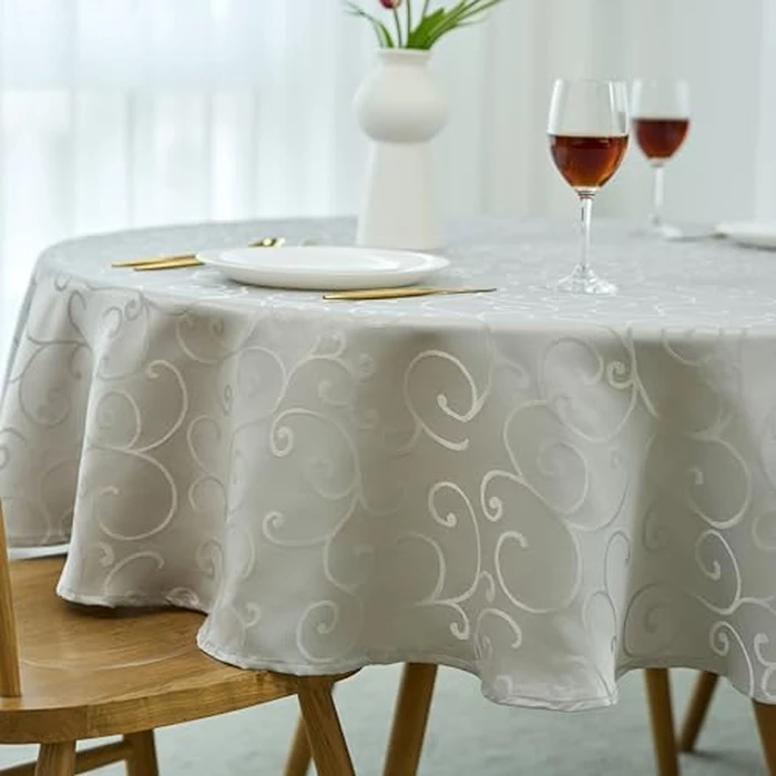 Marina Decoration Home Decor Jacquard Waterproof Thick Elegant Soft Premium Solid Damask Scroll Decorative Kitchen Table Cloth Liquid Repellent Stain Resistant Tablecloth, Silver Color Round 90 Inch by Marina Decoration - Image 2