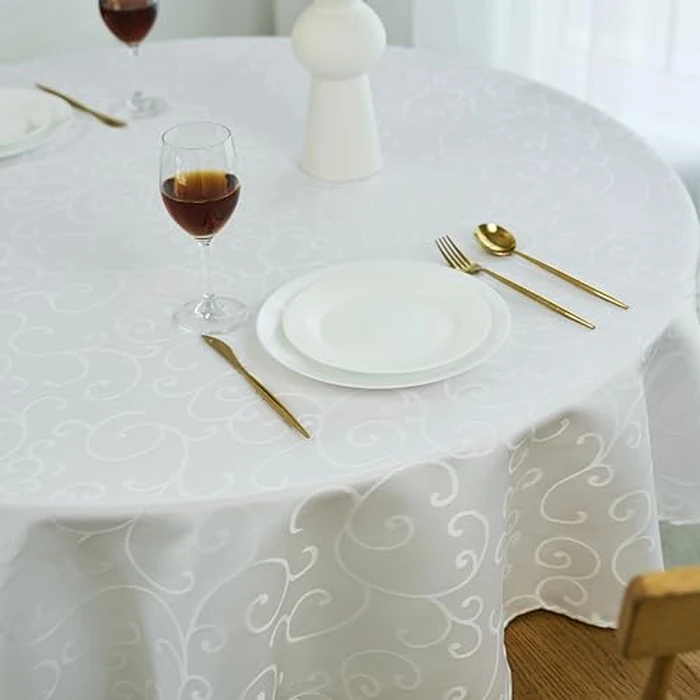 Marina Decoration Home Decor Jacquard Waterproof Thick Elegant Soft Premium Solid Damask Scroll Decorative Kitchen Table Cloth Liquid Repellent Stain Resistant Tablecloth, Silver Color Round 90 Inch by Marina Decoration - Image 3