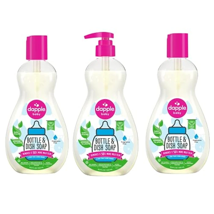 Dapple Baby Fragrance Free Bottle & Dish Soap - (3 Pack) 16.9 fl oz - Cleans Baby Bottles, Sippy Cups, Pacifiers, Breast Pumps, & More - Gently Removes Milk Film & Odors - Includes 1 Pump by Dapple - Image 1