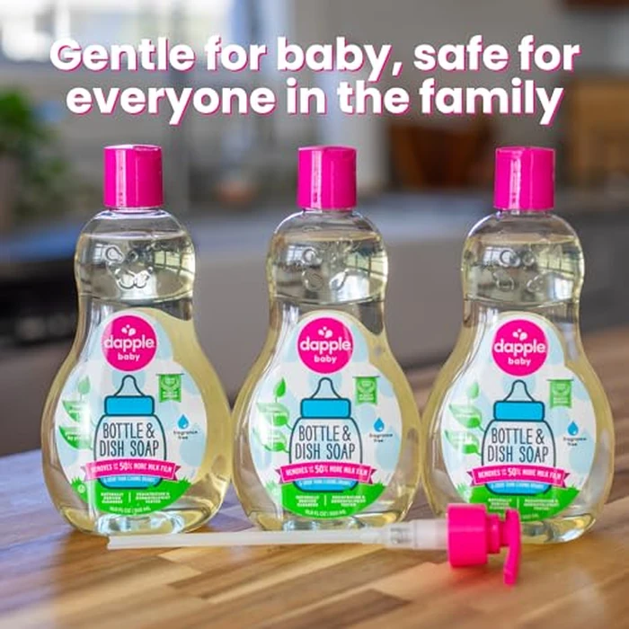 Dapple Baby Fragrance Free Bottle & Dish Soap - (3 Pack) 16.9 fl oz - Cleans Baby Bottles, Sippy Cups, Pacifiers, Breast Pumps, & More - Gently Removes Milk Film & Odors - Includes 1 Pump by Dapple - Image 2