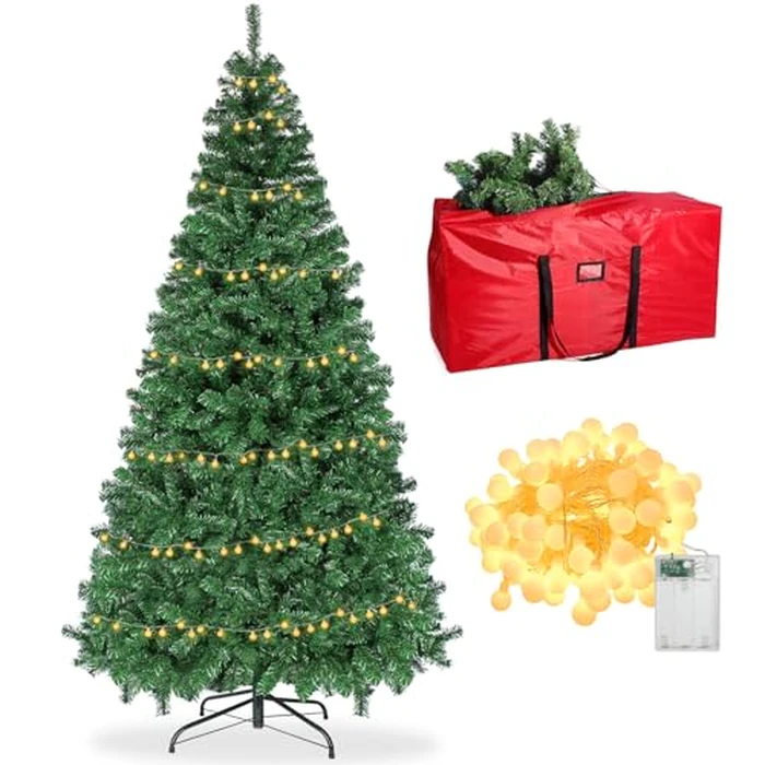6ft Artificial Christmas Tree with Lights,Premium Xmas Tree with Storage Bag,Hinged Pine Tree w/950 Branch Tips,15M 100LDE Warm White Lights for Home,Office,Party Decoration by yazi - Image 1