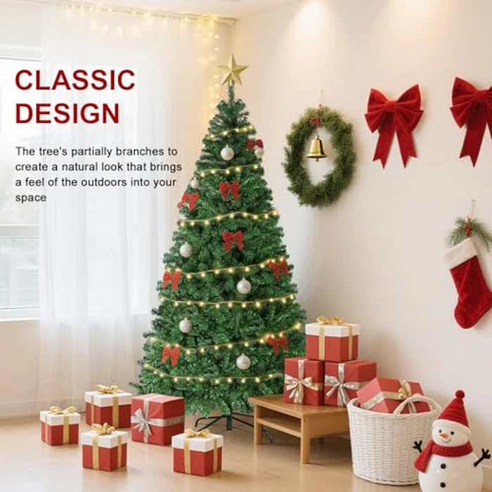 6ft Artificial Christmas Tree with Lights,Premium Xmas Tree with Storage Bag,Hinged Pine Tree w/950 Branch Tips,15M 100LDE Warm White Lights for Home,Office,Party Decoration by yazi - Image 2