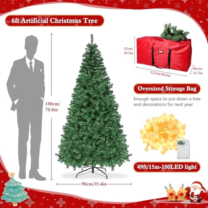 6ft Artificial Christmas Tree with Lights,Premium Xmas Tree with Storage Bag,Hinged Pine Tree w/950 Branch Tips,15M 100LDE Warm White Lights for Home,Office,Party Decoration by yazi - Image 3
