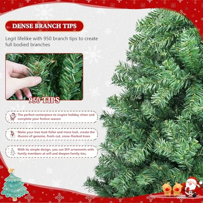 6ft Artificial Christmas Tree with Lights,Premium Xmas Tree with Storage Bag,Hinged Pine Tree w/950 Branch Tips,15M 100LDE Warm White Lights for Home,Office,Party Decoration by yazi - Image 5