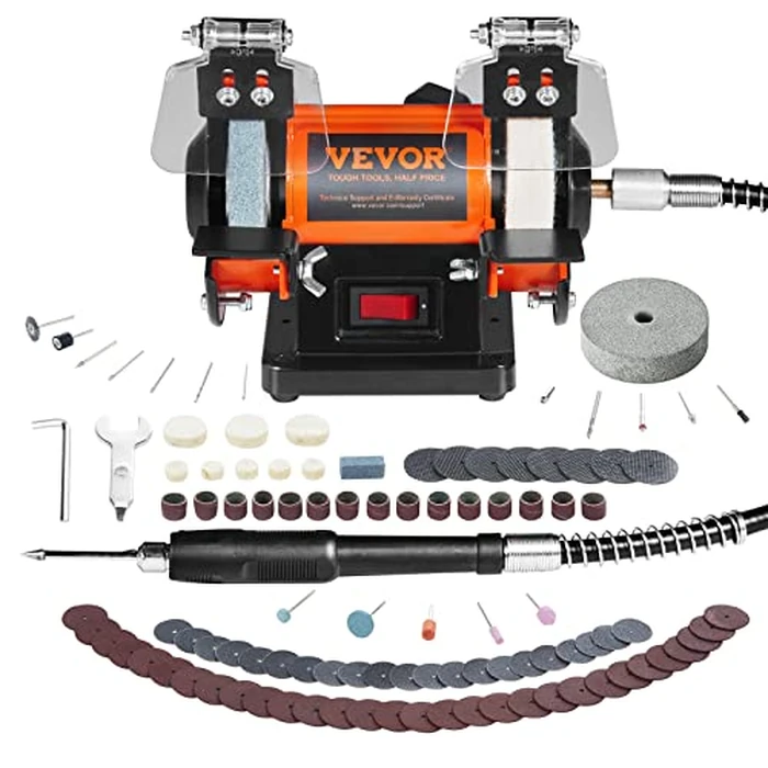 VEVOR Bench Buffer Polisher, Bench Buffer Grinder Polishing & Buffing Machine for Metal/Jewelry/Wood/Jade/Plastic/Silver DIY, with Wool/Abrasive Fiber Wheel/Grinding Wheel,100pcs Tools, 3590RPM by VEVOR - Image 1