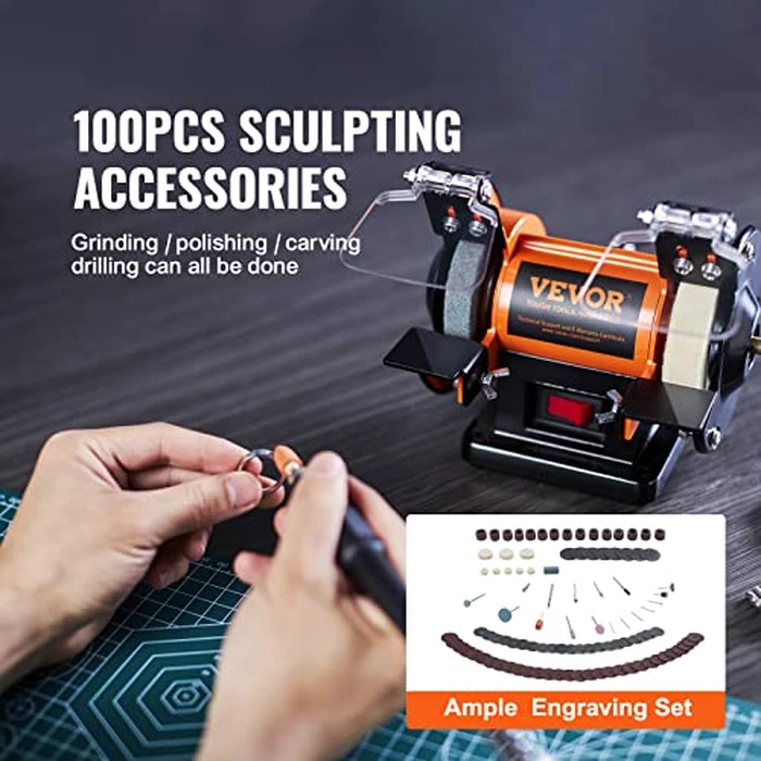 VEVOR Bench Buffer Polisher, Bench Buffer Grinder Polishing & Buffing Machine for Metal/Jewelry/Wood/Jade/Plastic/Silver DIY, with Wool/Abrasive Fiber Wheel/Grinding Wheel,100pcs Tools, 3590RPM by VEVOR - Image 6