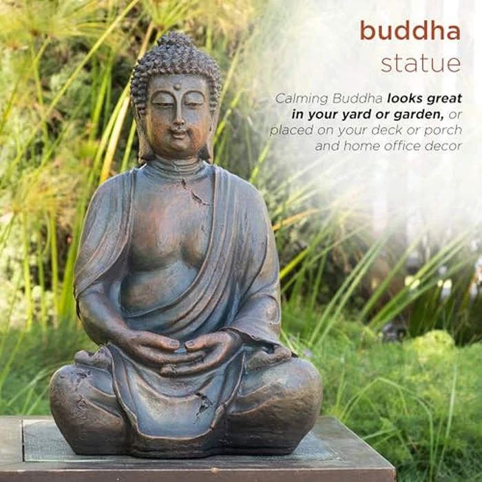 Alpine Corporation 15" Tall Indoor/Outdoor Meditating Buddha Statue, Tabletop Garden Decor, Bronze by Alpine Corporation - Image 2