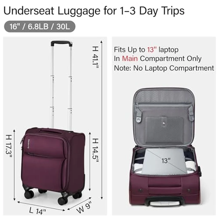Hanke 16 Inch Underseat Carry On Luggage with Spinner Wheels for Airline, Small Softside TSA Approved Luggage Lightweight Rolling Suitcases Under Seat Personal Item Travel Carry-On Bag(Purple) by Hanke - Image 3