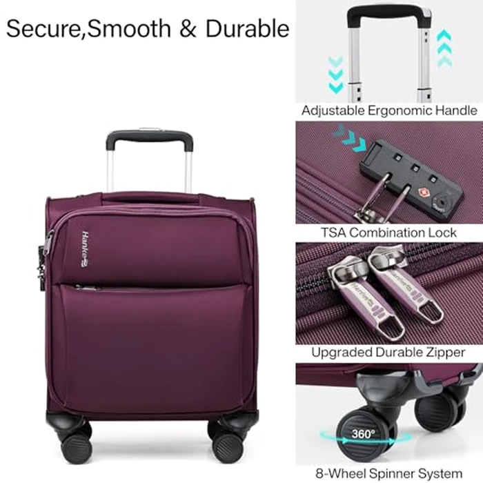 Hanke 16 Inch Underseat Carry On Luggage with Spinner Wheels for Airline, Small Softside TSA Approved Luggage Lightweight Rolling Suitcases Under Seat Personal Item Travel Carry-On Bag(Purple) by Hanke - Image 5