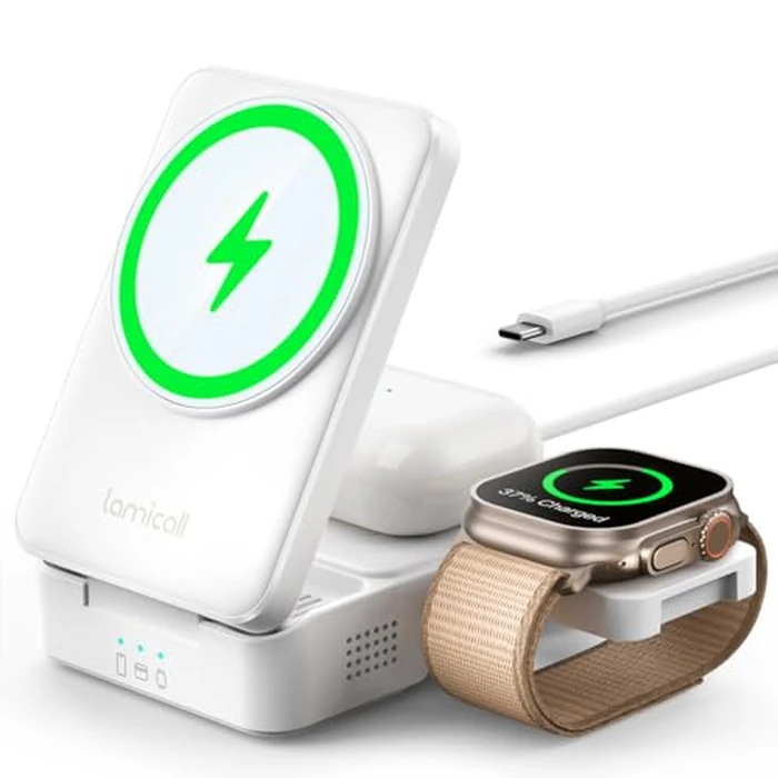 Lamicall 3-in-1 Charging Station for MagSafe - Portable Fast Charging Station Foldable Charging Stand, Travel Wireless Charging Station for iPhone 17/16/15/14 Pro Max, Watch, AirPods, Men, Mom Gift by Lamicall - Used - Good condition